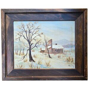 Vintage Winter Landscape Painting Frontier Town Wooden Frame Signed Folk Art